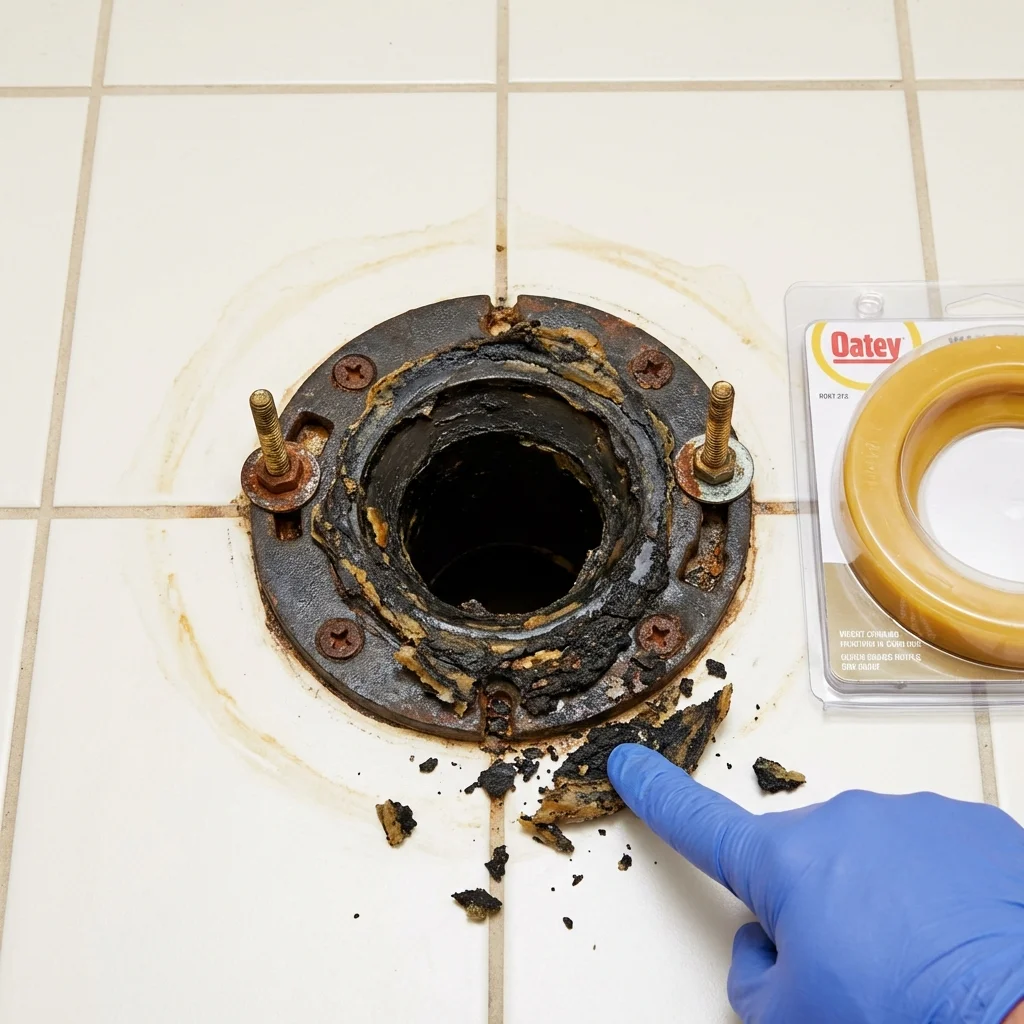 Failed wax ring showing water seepage at the base of a toilet in a Truman, MN home
