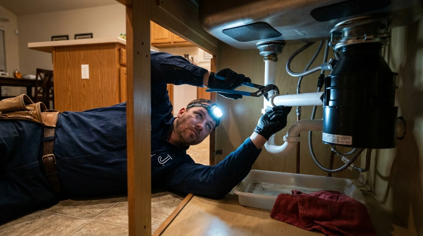 P-trap and supply line connections under a kitchen sink showing a common leak point in Truman, MN
